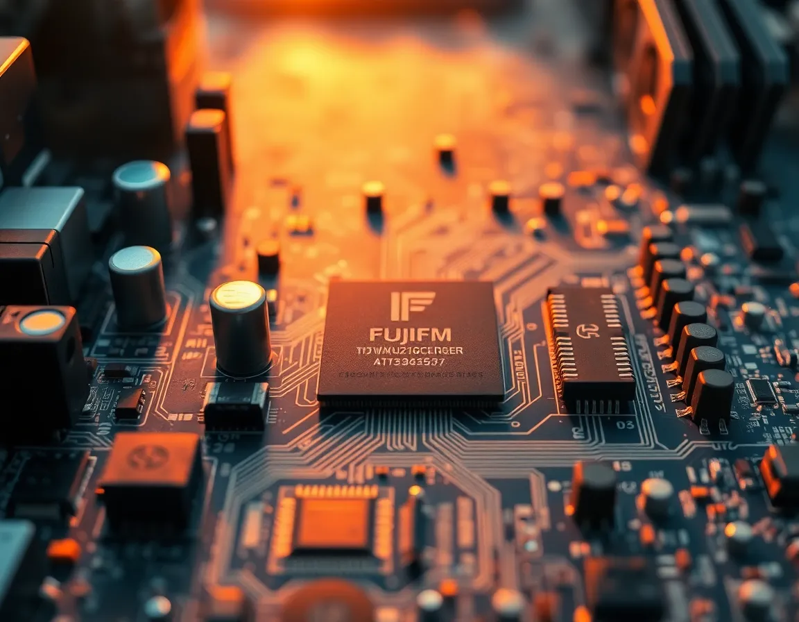 Macro View of Advanced Computing Technology A stunning macro photograph of a computer motherboard, capturing the complex circuitry critical for cloud computing. Warm golden hour light breathes life into the metallic surfaces, revealing rich textures and details. The soft background contrasts with the sharp details in the foreground thanks to the shallow depth of field. This image embodies the intricate beauty of technology and its role in advancing cloud capabilities.