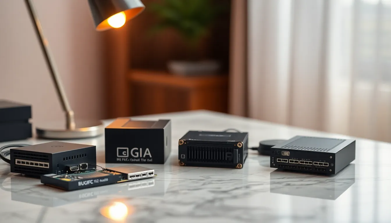 A beautifully arranged collection of cloud computing hardware components displayed on a pristine marble surface, illuminated by soft, warm tungsten light. The image emphasizes the intricate details and textures of each component, with a shallow depth of field creating a pleasing bokeh effect in the background. The natural, muted color palette enhances the overall elegance of the scene, inviting viewers into the world of technology and innovation. This composition is perfect for highlighting the beauty of tech.