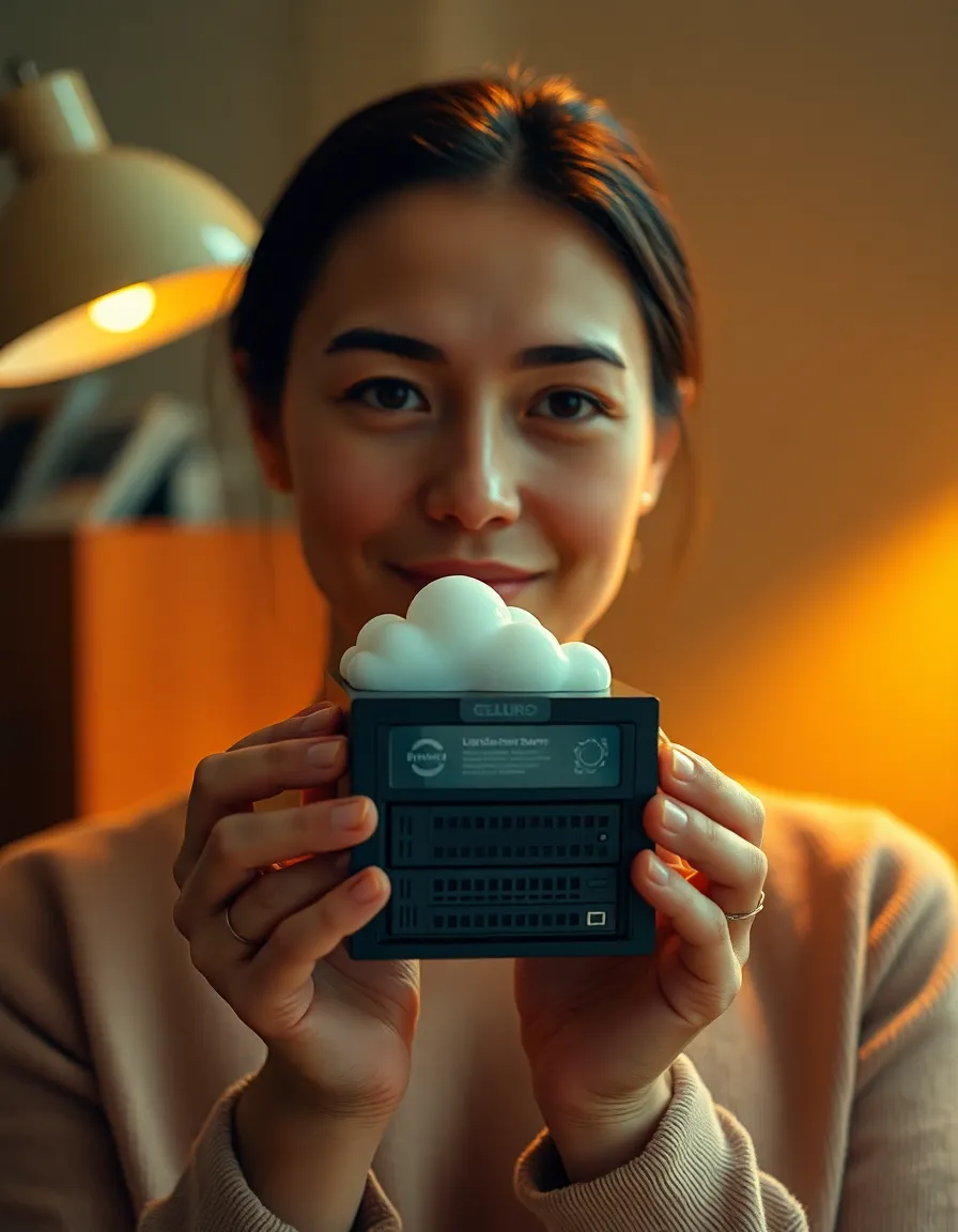 A focused individual presenting a detailed cloud computing server model, illuminated by a warm tungsten desk lamp. This intimate scene captures the person's natural skin texture and expressive face, emphasizing their passion for technology. The creamy highlights and warm tones create a cozy atmosphere, while the soft bokeh enhances the subject's presence. The composition centers around both the individual and the server model, highlighting the connection between them.