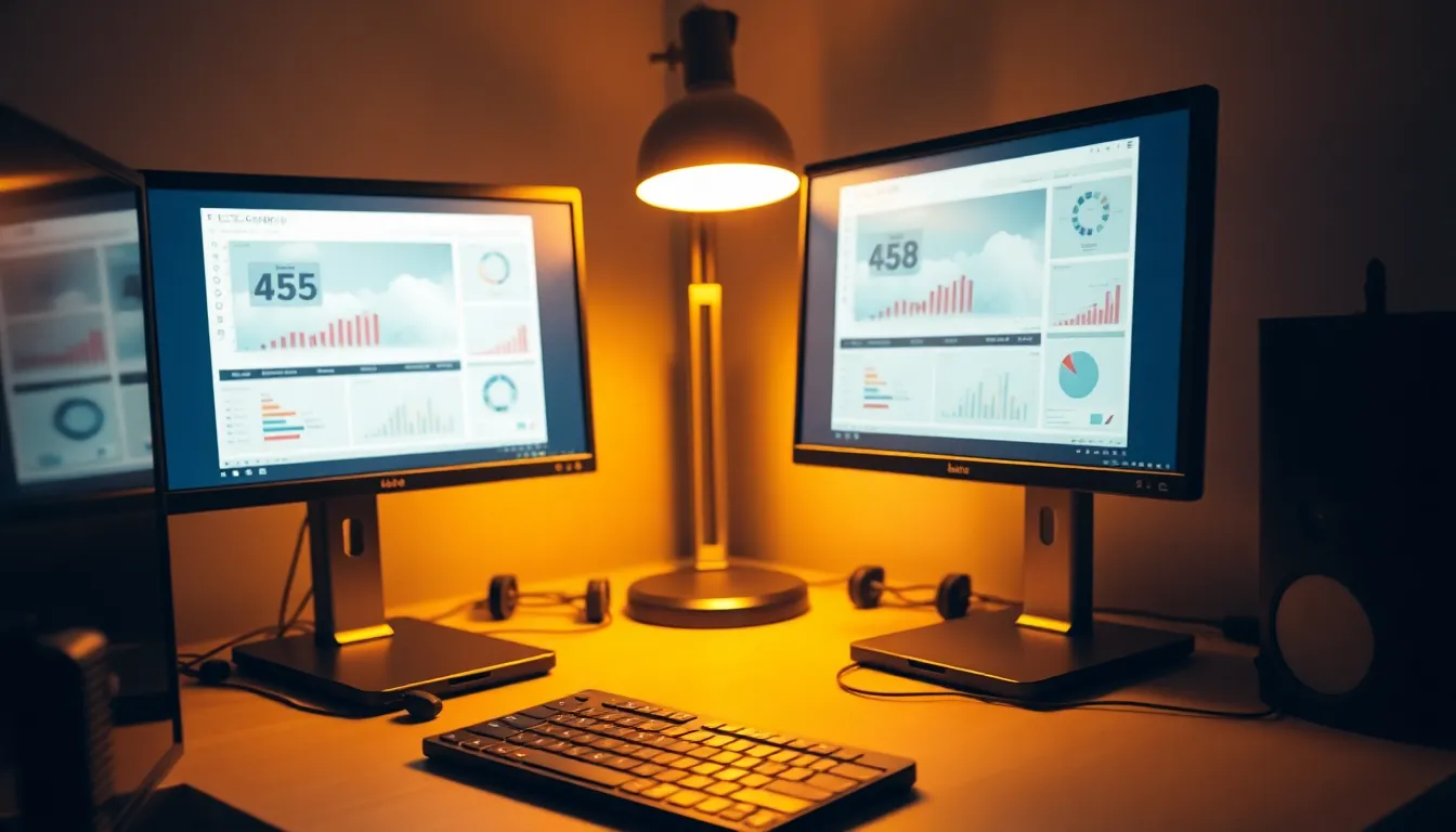 Futuristic Workspace with Cloud Data Visualization This image immerses viewers in a futuristic workspace featuring dual monitors that display complex cloud data analytics. The warm tungsten lighting creates a cozy yet professional atmosphere, while the glowing screens highlight the importance of data in cloud computing. The composition draws attention to the sleek technology and the rich textures of the workspace, ideal for illustrating the convergence of work and technology.