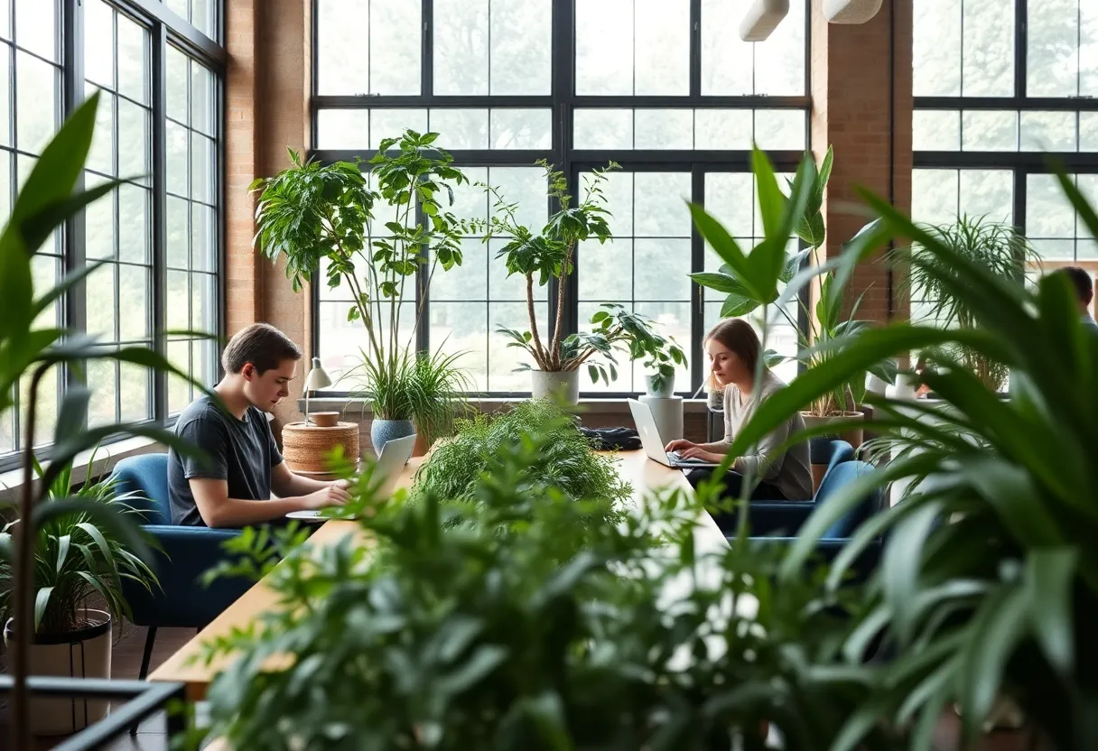 Modern Coworking Space Emphasizing Cloud Collaboration An inviting coworking space filled with natural light and greenery, showcasing individuals engaged in remote work. The shallow depth of field beautifully blurs the background, emphasizing the focus on collaboration and innovation in cloud computing. Soft muted colors create a serene atmosphere conducive to creativity. With a thoughtful composition, this image reflects the modern workspace's shift towards collaborative cloud solutions.