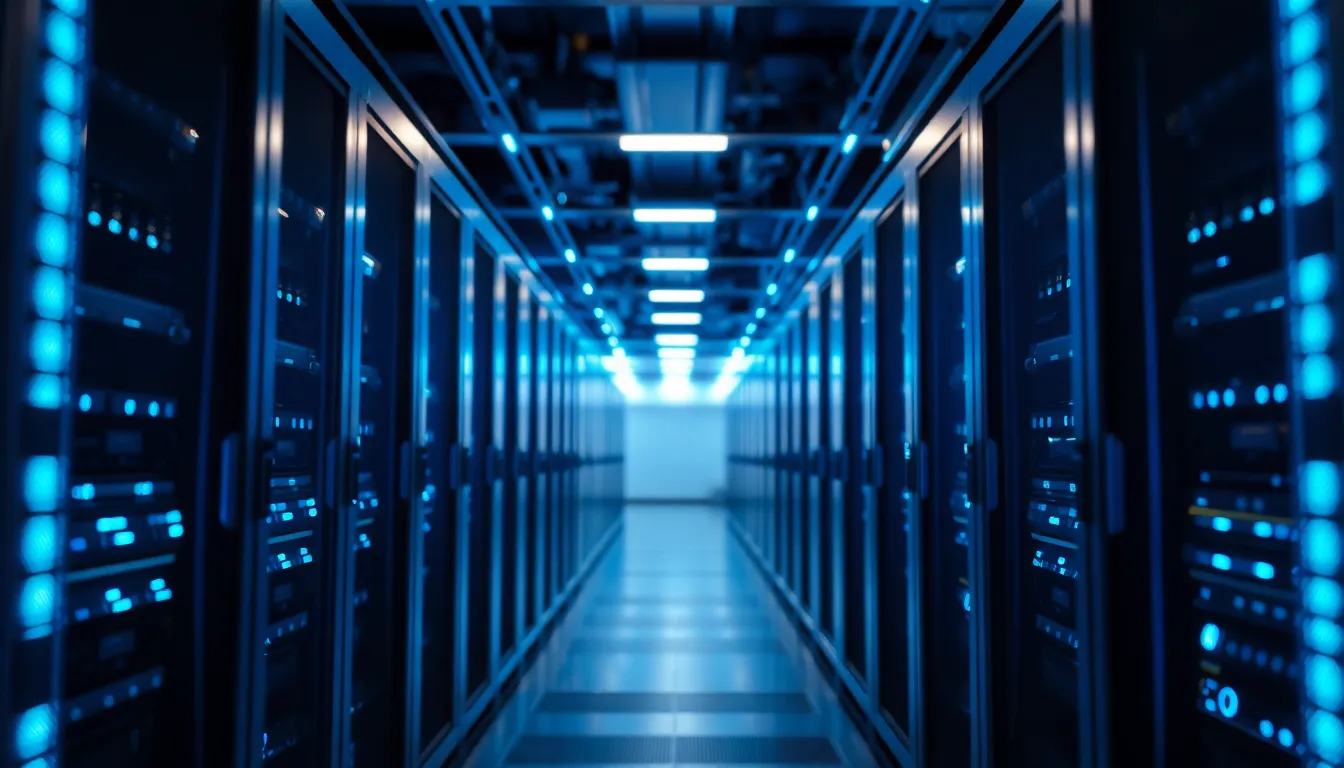 High-Tech Cloud Server Room with LED Lighting This striking image provides a close-up view of a modern cloud server room, showcasing sleek servers illuminated by cool blue LED lights. The sharp focus accentuates the intricate details of the technology, while the color palette evokes a sense of advanced technology and innovation. The deliberate composition guides the viewer's eye to the endless rows of servers, underscoring the scale and importance of cloud computing infrastructure.