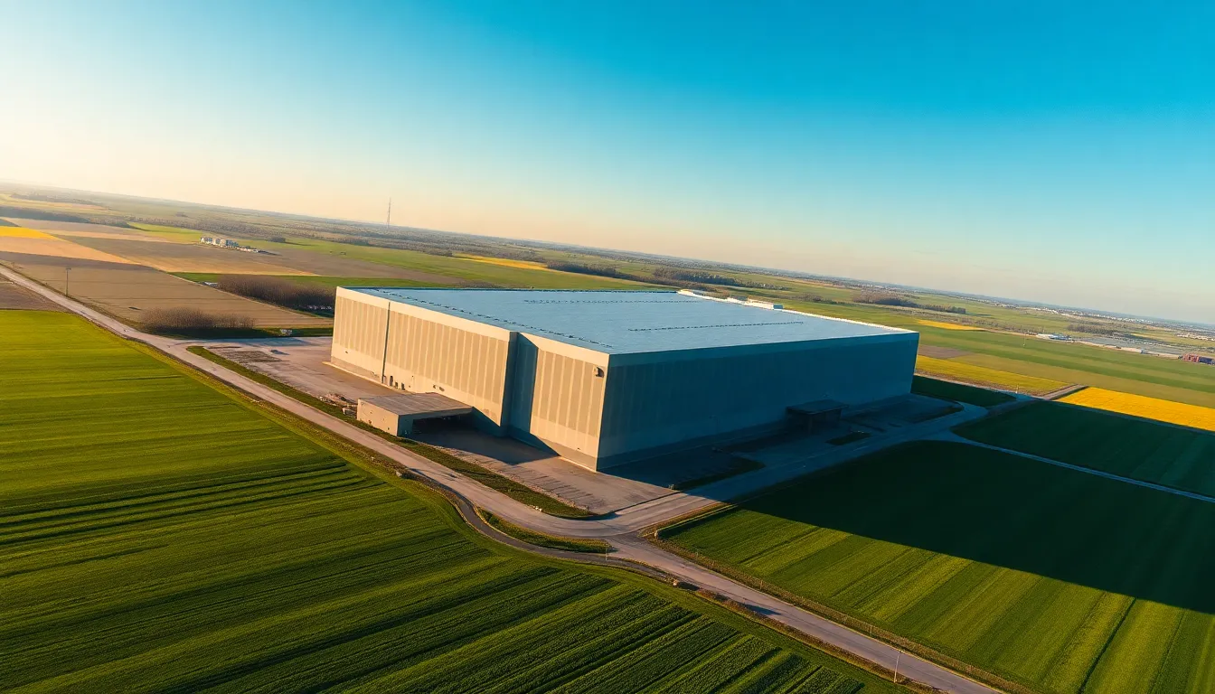 An aerial view captures a modern data center set against a backdrop of green fields and blue skies, illustrating the harmonious coexistence of technology and nature. The late afternoon sunlight creates dramatic shadows and highlights, accentuating the sleek architecture. Surrounded by vibrant greens, the facility stands out as a beacon of innovation. This image visually argues for the balance between technological advancement and environmental awareness.