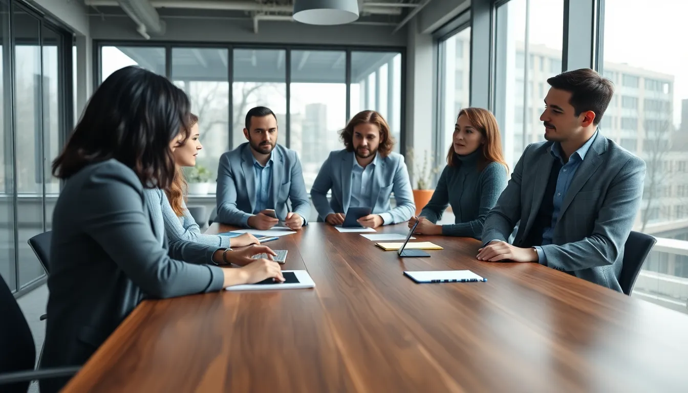 Team Collaborating on Cloud Solutions An engaging scene of a diverse team working together in a modern office. Soft daylight streams through large windows, casting a warm glow on the wooden conference table. The team, consisting of men and women in smart casual attire, is discussing cloud computing solutions, emphasizing collaboration and technology. The muted color palette enhances the professional feel, while the shallow depth of field draws attention to their expressions and interactions.
