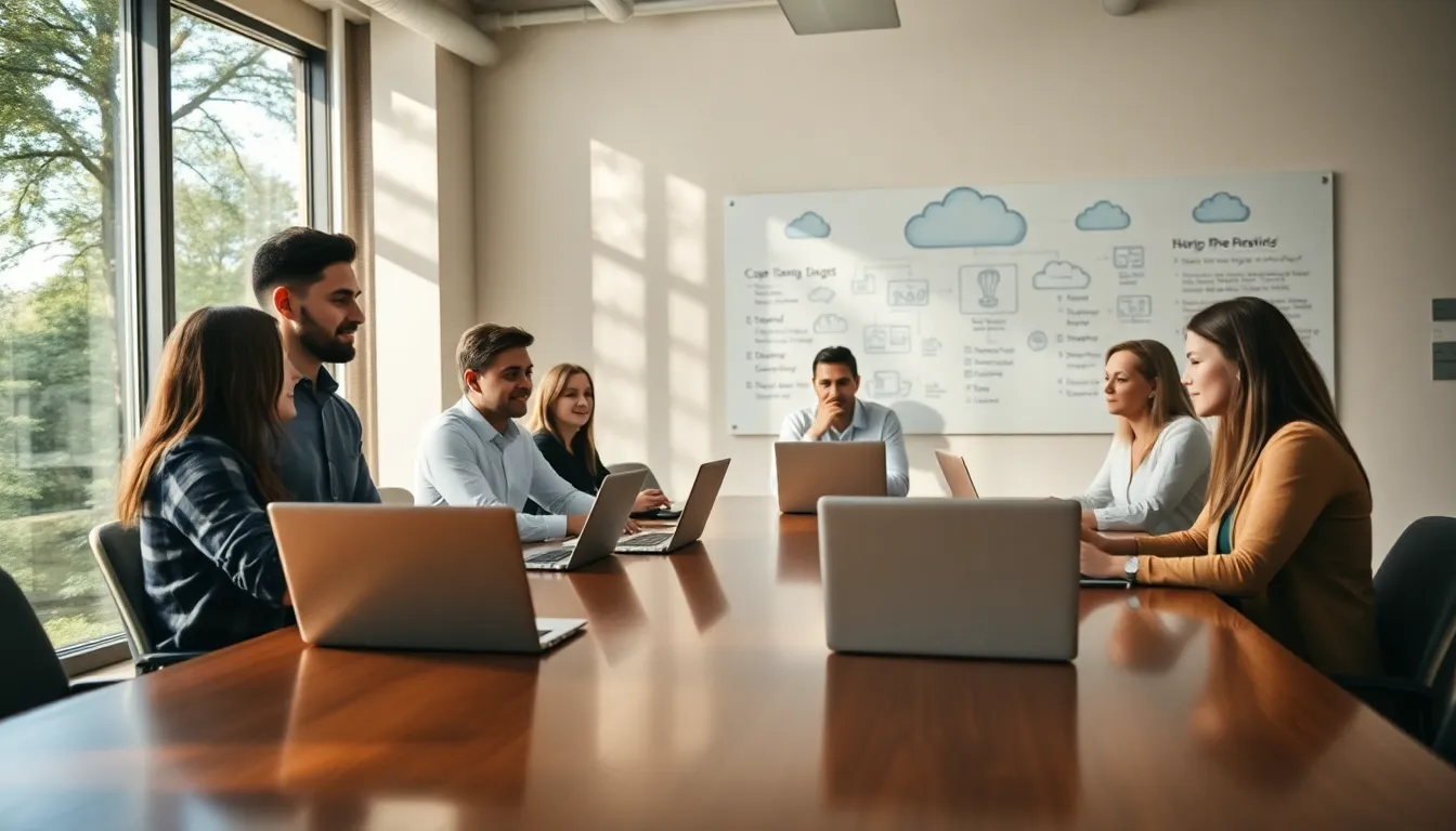 Diverse Professionals Collaborating in Cloud Computing A group of diverse professionals collaborates in a modern office setting, discussing cloud computing solutions. Soft natural light filters through the window, casting a warm glow, while the shallow depth of field draws attention to their engagement. The color palette is muted, reflecting a professional atmosphere, enhanced by polished textures of the table. Positioned thoughtfully, the composition captures the essence of teamwork and innovation in technology.