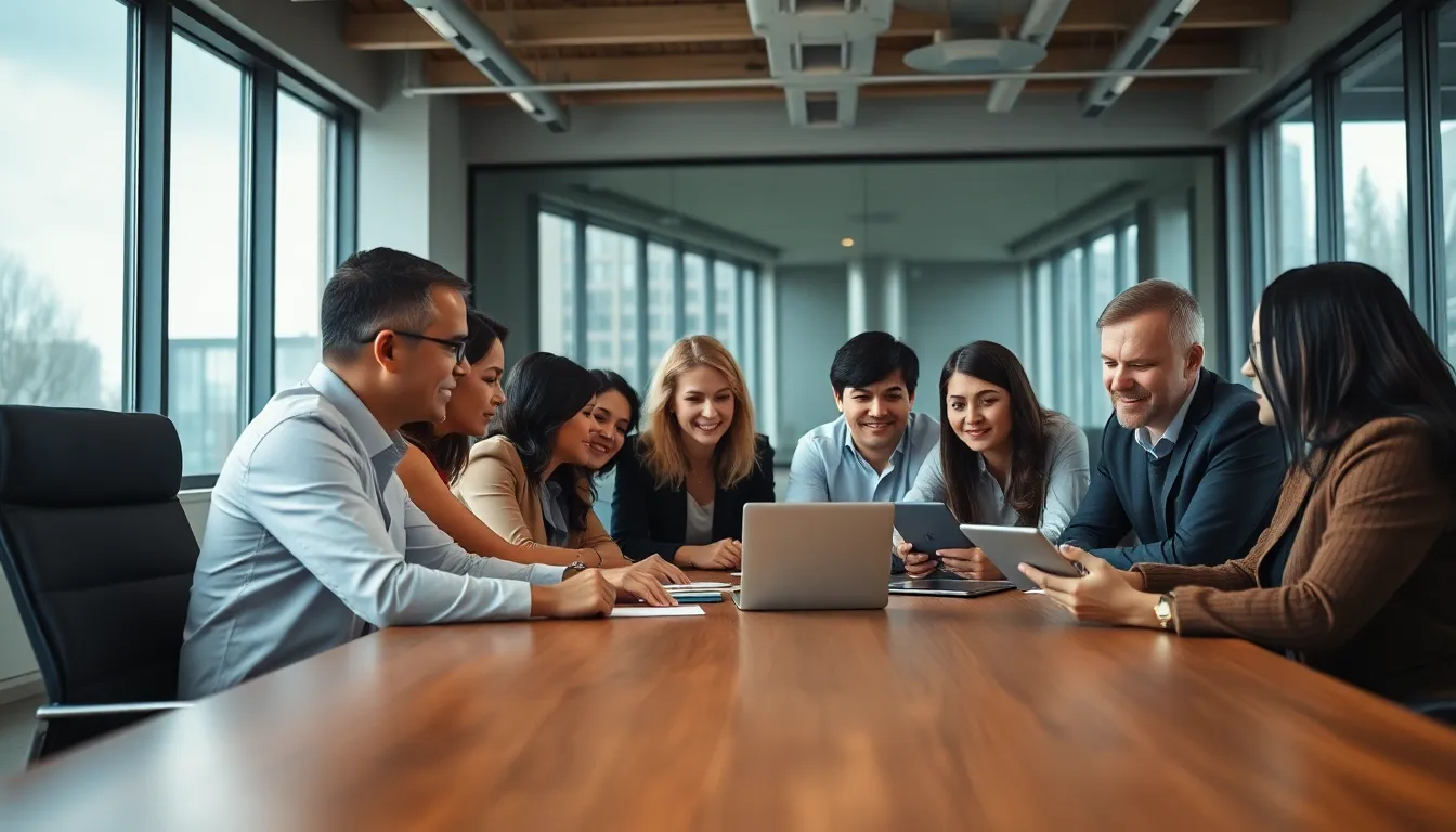 Diverse Team Collaborating in Cloud Computing Meeting A dynamic scene capturing a diverse group of professionals engaged in a collaborative meeting around a digital tablet. The overcast light streams softly through large office windows, illuminating their focused expressions. The composition emphasizes teamwork and innovation in cloud computing through leading lines of the conference table. Natural muted colors enhance the professional atmosphere while showcasing the sleekness of modern technology.