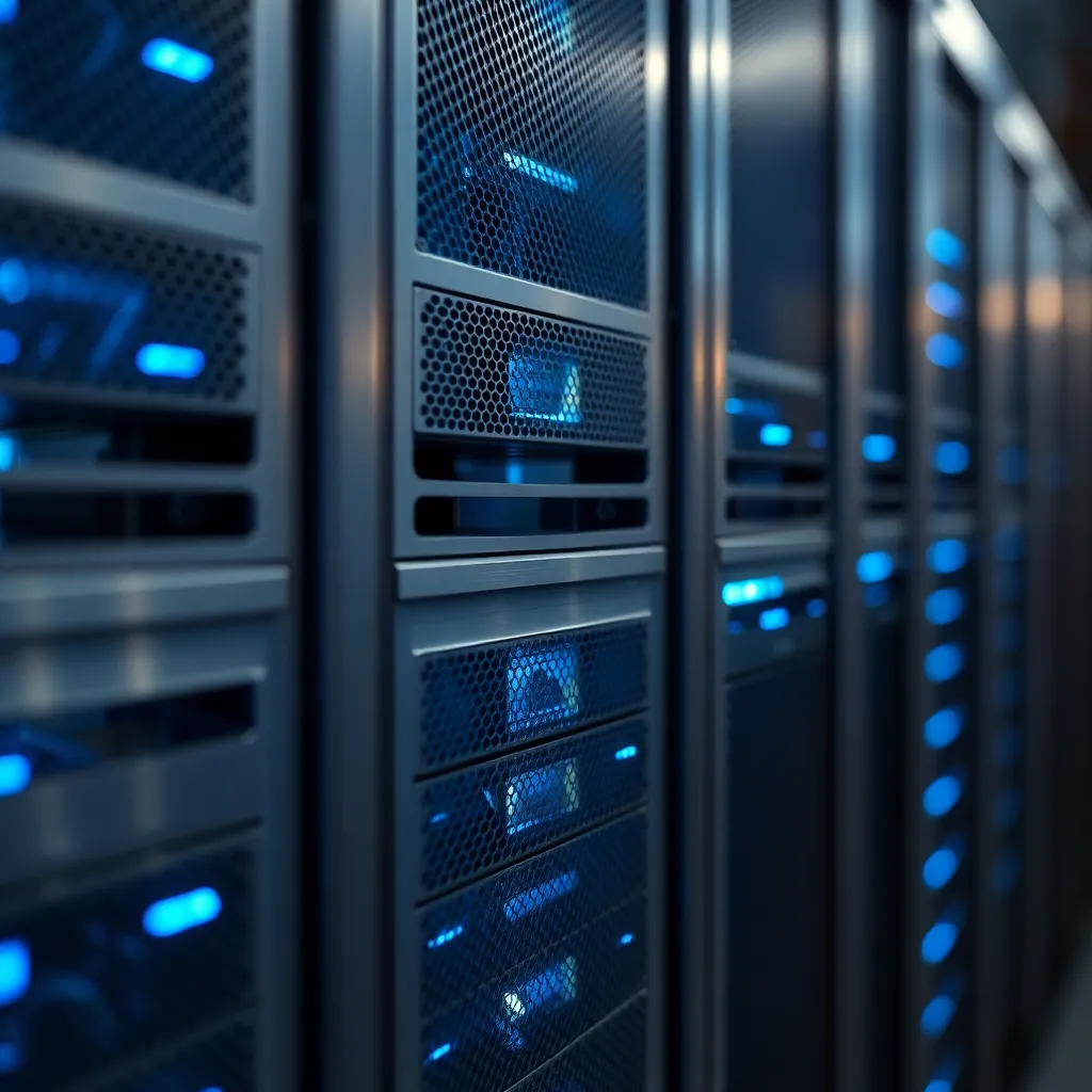 Close-Up of Cloud Computing Server Rack An intricate close-up of a high-tech cloud computing server rack, showcasing the complex details of technology. The cool blue LED lights create a futuristic feel, enhancing the metallic surfaces. The shallow depth of field brings focus to the server components while creating a soft, blurred backdrop. Rich blues and silvery grays dominate the color palette, embodying the essence of modern technology.