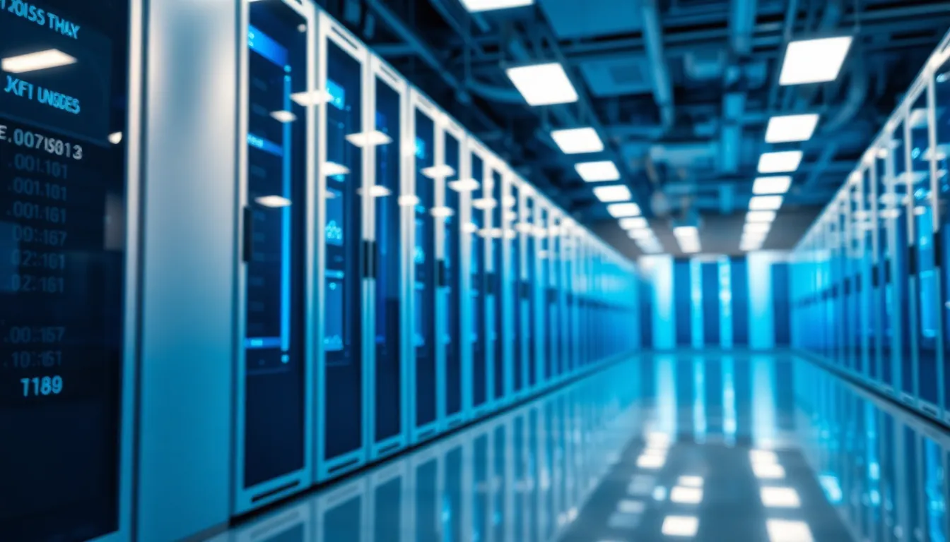 The image showcases a sleek, modern data center filled with cloud servers reflecting cool white LED lights. The composition utilizes the rule of thirds, with the servers arranged in dynamic diagonal lines, while the focus on the servers creates a shallow depth of field, resulting in a soft bokeh effect in the background. The color palette emphasizes icy blues and steel greys, enhancing the tech-savvy ambiance. Textures of smooth metal and glass accentuate the contemporary aesthetic of cloud computing technology.
