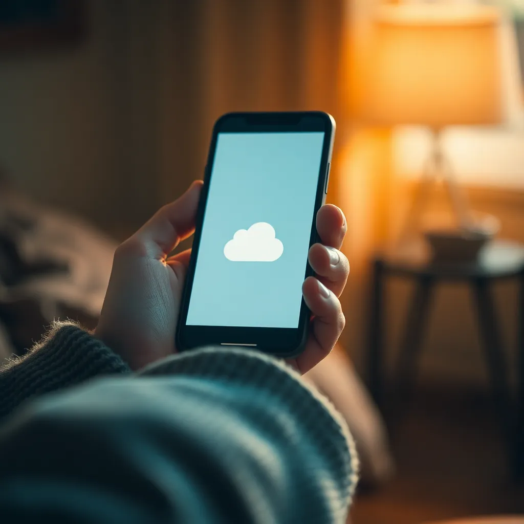 This close-up image captures a hand holding a smartphone displaying a cloud computing application, filled with data and innovative features. The warm tungsten light brings a cozy atmosphere, inviting viewers into a personal interaction with technology. The rich textures of the skin and fabric contrast with the smooth surface of the smartphone, creating a tactile and engaging visual narrative. The selective focus directs attention to the screen, emphasizing connectivity in the digital age.
