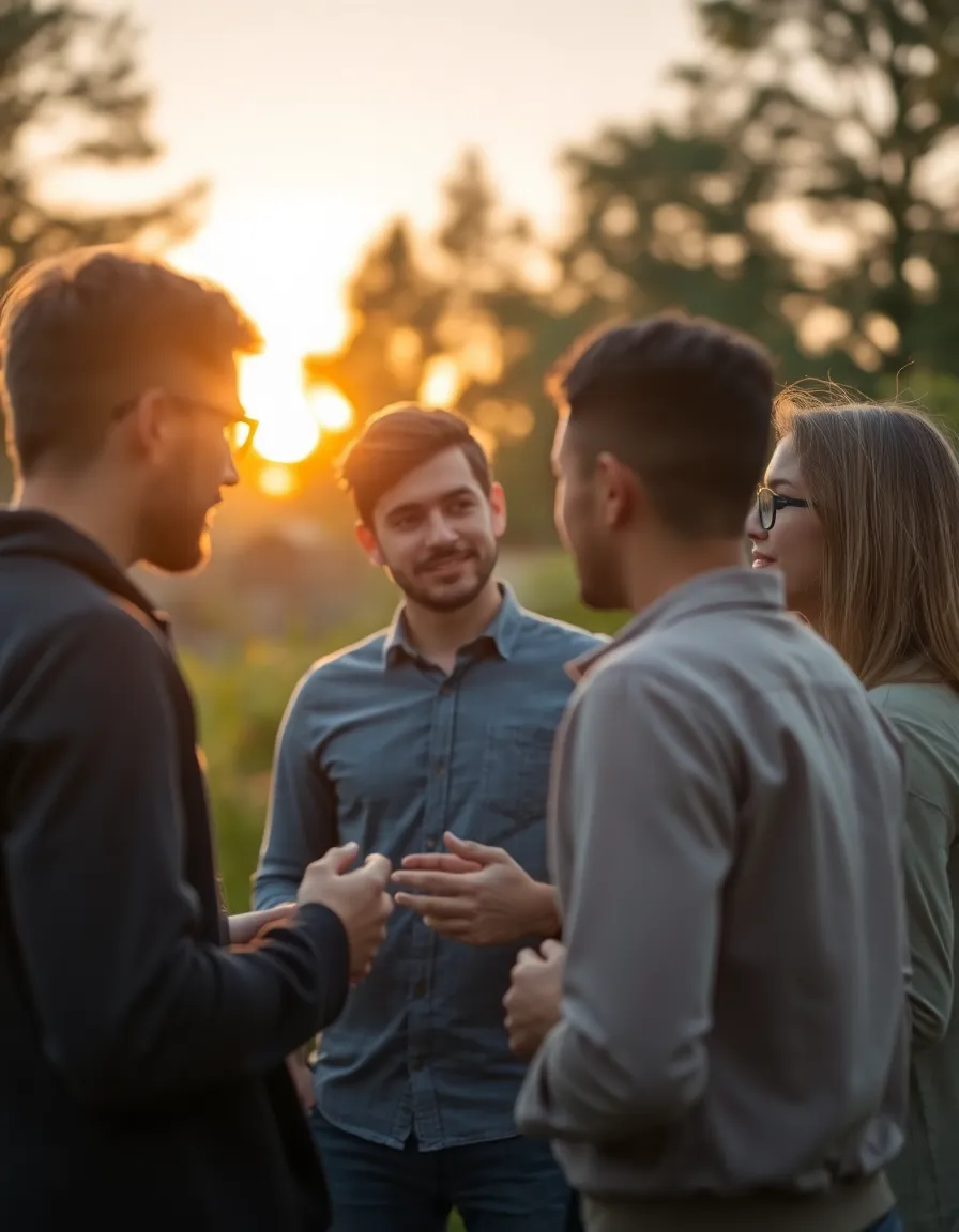 This vibrant image captures a group of young professionals engaging in an outdoor discussion during sunset, creating a lively and dynamic atmosphere. The warm backlighting adds a magical glow, enhancing the pastel colors of the scene. With a shallow depth of field, the focus draws attention to the group's animated expressions while the background blurs beautifully. The composition emphasizes the collaborative spirit of innovation in a natural setting, representing the merging of technology and nature.