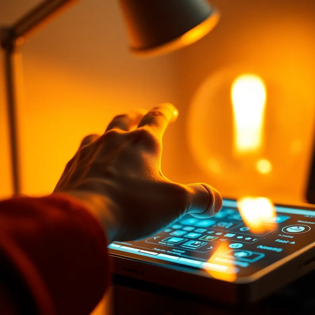 Interacting with Holographic Cloud Technology A close-up image of a hand engaging with an innovative holographic interface, illustrating the future of cloud computing. The warmth of the tungsten lighting accentuates the skin's texture and the sleek design of the interface. With a shallow depth of field, the background melts into a soft bokeh, allowing viewers to focus on the interaction. This scene perfectly captures the blend of human touch and advanced technology.
