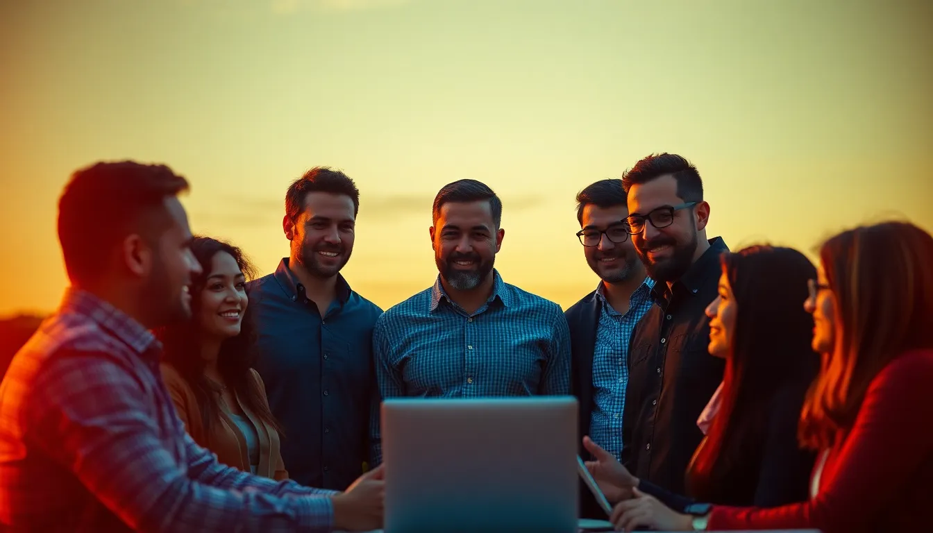 A captivating image of a diverse team of professionals engaged in an animated discussion about cloud computing strategies, illuminated by the golden hour light. The warm rim light highlights their expressions and adds depth to the scene, while a selective focus draws attention to their faces amidst a dreamy bokeh background. The cinematic teal and orange grading adds a modern feel, making this image ideal for portraying collaboration in a tech-driven environment.
