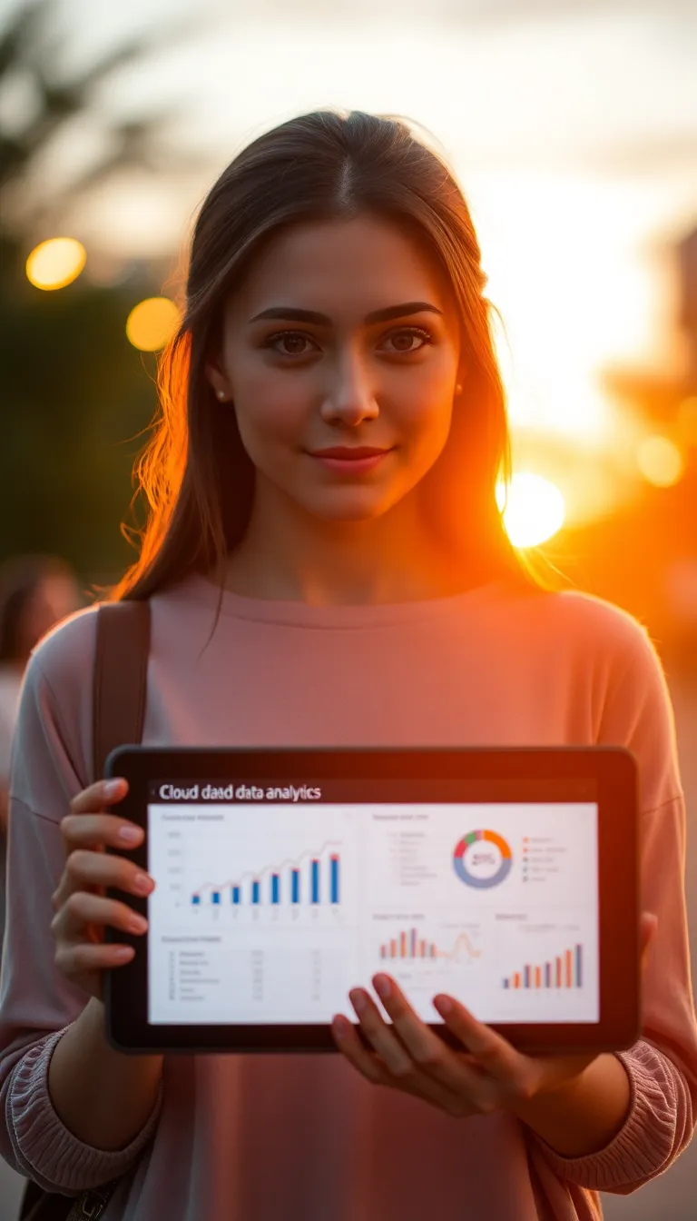 A young woman intently examines cloud data analytics displayed on her tablet as the sun sets behind her, casting a warm golden light. This high-focus shot captures her concentration and the vibrant colors of the sunset, creating a striking contrast with the technology in her hands. The soft bokeh in the background adds to the serene mood, while textures of the tablet and her clothing invite viewers into the scene. It's an inspiring view of technology integrated into daily life.