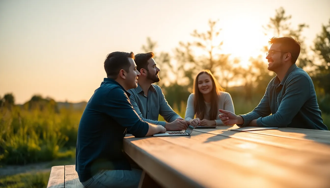 Creative Team Discussing Cloud Solutions Outdoors In this vibrant image, a diverse group of young professionals gathers around a picnic table in a serene outdoor setting, brainstorming innovative cloud technology solutions. The golden hour light casts a warm glow, enhancing their expressions of creativity and teamwork. The lush greenery provides a perfect backdrop, while the soft bokeh draws attention to their engaged conversation. Ideal for illustrating collaboration in the tech industry.