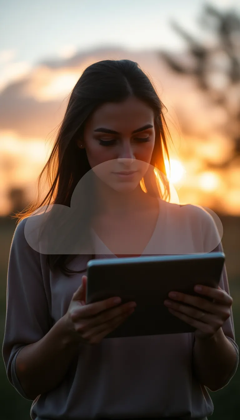 Woman Using Tablet with Cloud Graphics A serene image of a woman sitting outdoors, engaged with her tablet, where cloud graphics float around her, symbolizing cloud computing services. The golden hour backlight creates a warm glow, accentuating her features and the gentle landscape behind her. Her expression is focused and thoughtful, representing the integration of technology and nature. This image captures a moment of connection between the digital and natural worlds, inviting contemplation.