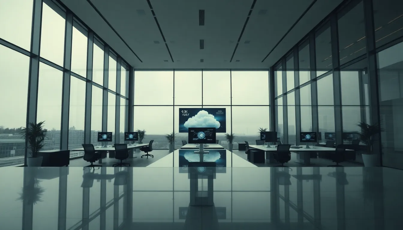 An expansive modern office space filled with natural light filtering through large windows. Multiple screens display vibrant cloud technology visualizations, illustrating data flow and connectivity. The scene is captured with clarity, maintaining a sharp focus throughout while utilizing muted tones and soft reflections. The composition is balanced and symmetrical, enhancing the clean, tech-forward feel of the workspace.