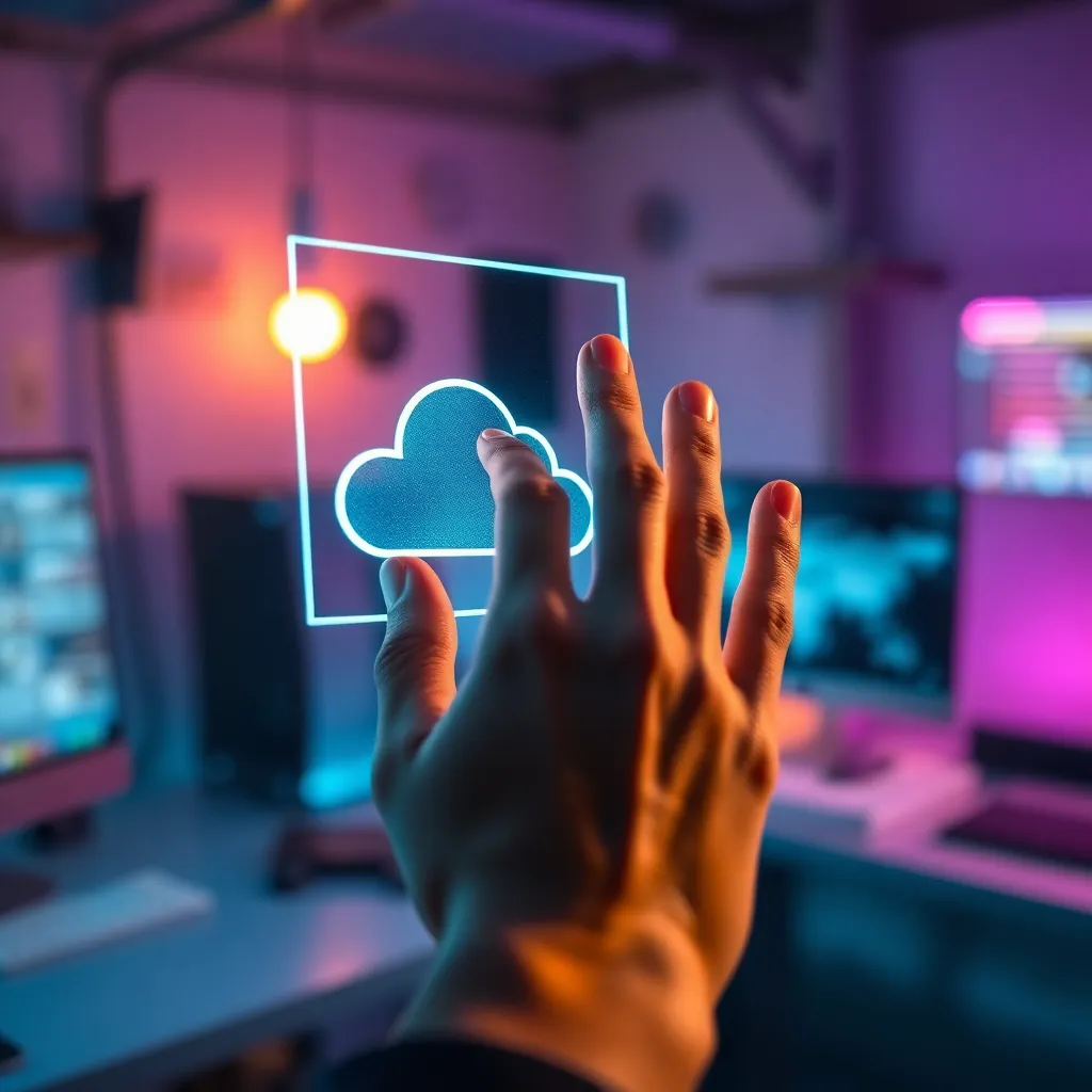 Holographic Interaction with Cloud Technology This close-up image captures the intricate moment of a hand navigating a holographic interface showcasing detailed cloud architecture. The soft neon colors emanating from the interface contrast beautifully with the warm ambient light, creating a vibrant and high-tech atmosphere. The shallow depth of field draws the viewer's attention to the delicate interaction, embodying the future of cloud computing technology.