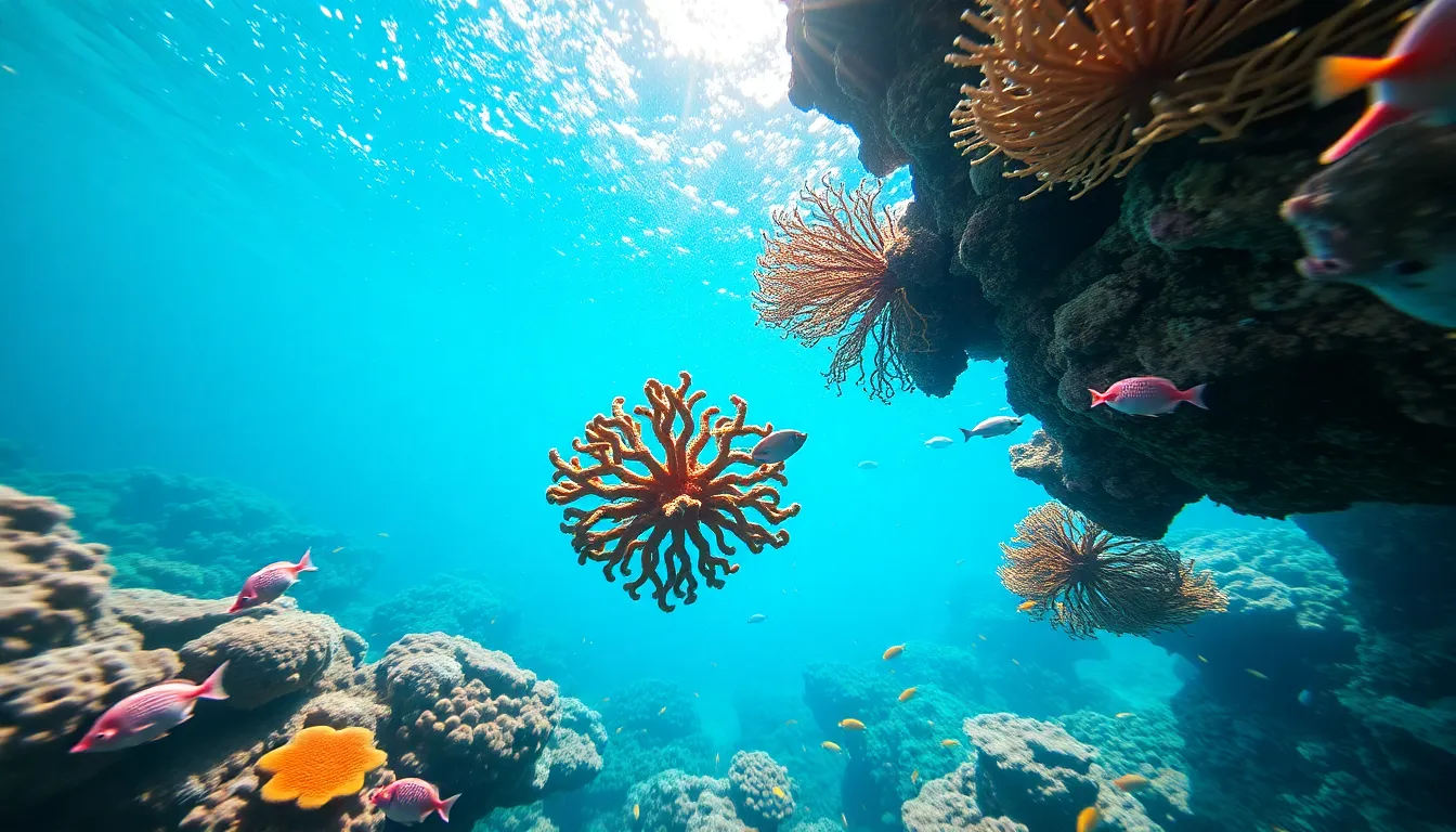 Vibrant Coral Reef Aerial View This stunning bird's-eye aerial view reveals a vibrant coral reef teeming with life beneath clear turquoise waters. Bright sunlight illuminates the colorful coral formations while schools of fish swim among them, creating a lively underwater scene. The rich blues and vivid coral hues invite viewers to explore the beauty beneath the surface, showcasing the wonders of marine life in this captivating ecosystem.