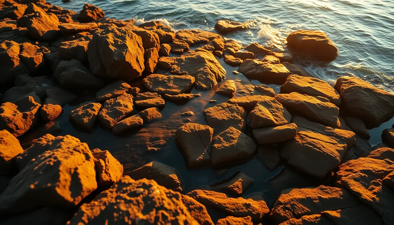 Golden Hour Aerial View of Rocky Coastline
