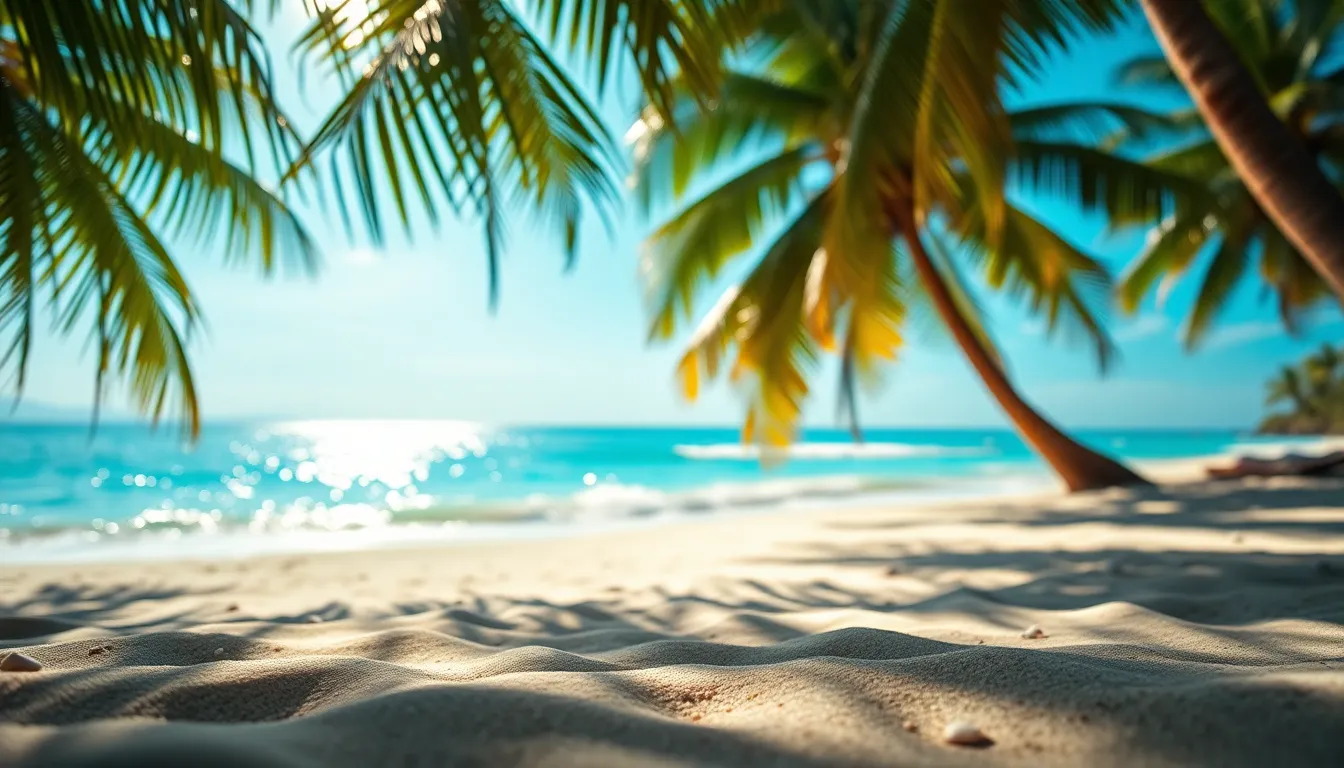This vibrant aerial photograph highlights a tropical beach framed by swaying palm trees, with dappled sunlight enhancing the colors of the scene. The turquoise waters shimmer with clarity, while selective focus draws attention to the intricate details of the sandy beach dotted with shells. The leading lines created by the shoreline guide the viewer's gaze toward the peaceful ocean, evoking a sense of relaxation and tropical bliss.