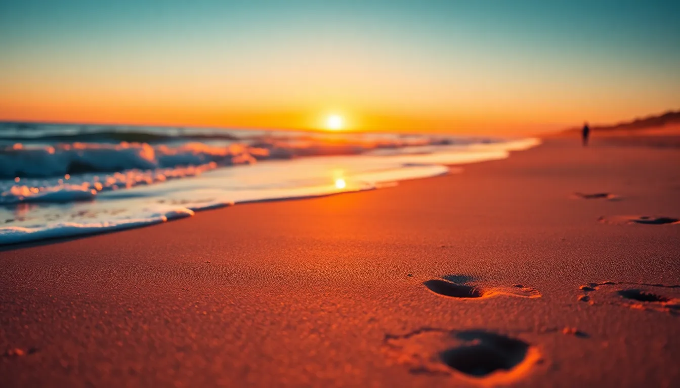 This stunning coastal scene captures the beauty of waves crashing against a sandy shore during golden hour. The warm backlighting highlights the edges of the water and creates a serene atmosphere. Rich hues of orange and teal dominate the color palette, enhancing the tranquil mood. The intricate textures of the wet sand and the soft bokeh in the background draw the viewer into this picturesque moment.