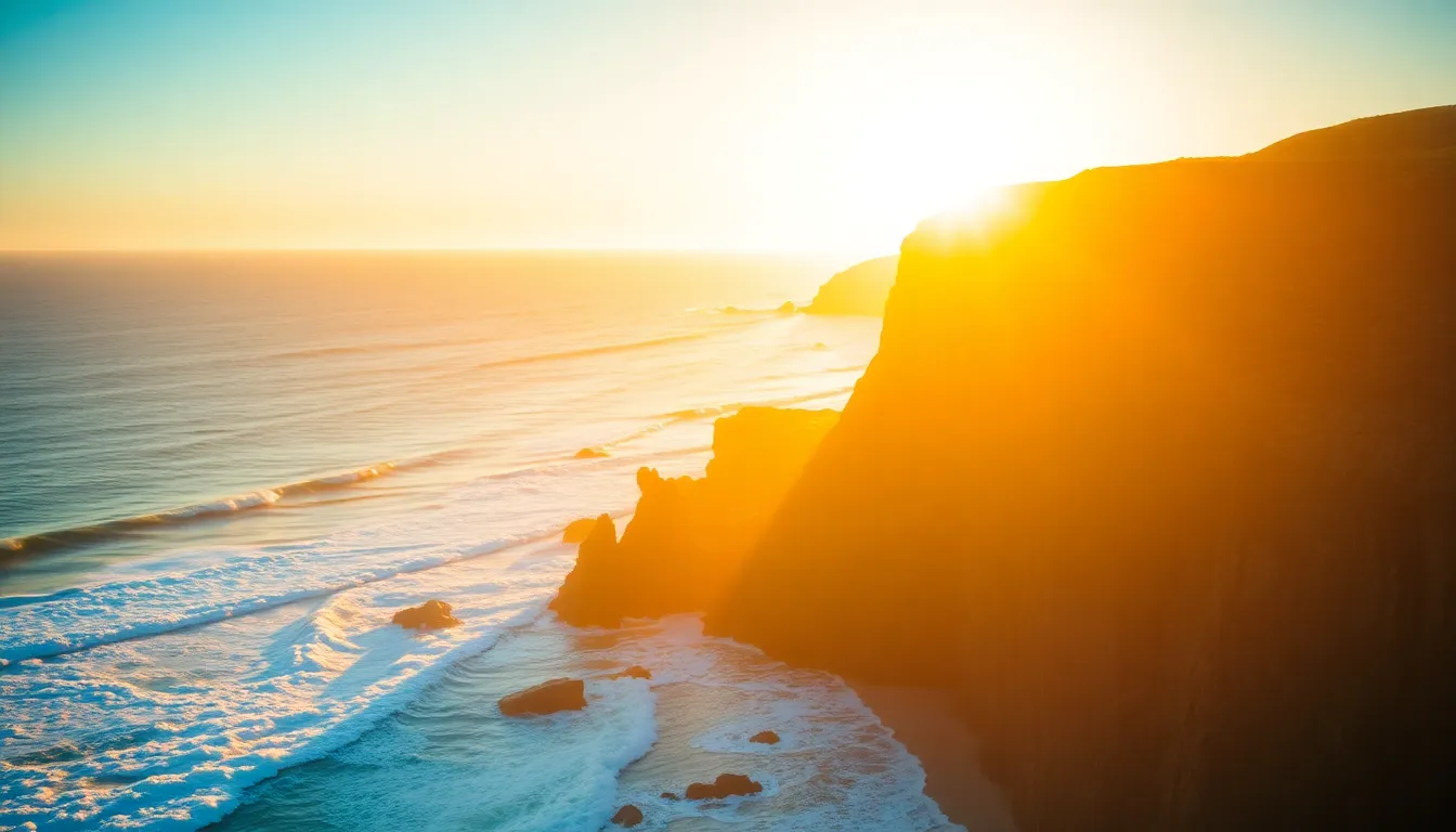 This stunning aerial photograph captures a dramatic sunset over a rugged coastline, where waves crash against the cliffs, creating foamy textures in the golden hour light. The warm rim light enhances the natural beauty of the scene, while the reflection of sunlight creates a sparkling effect on the ocean surface. Framed using the rule of thirds, this image combines breathtaking colors and textures that evoke a sense of tranquility and wonder.