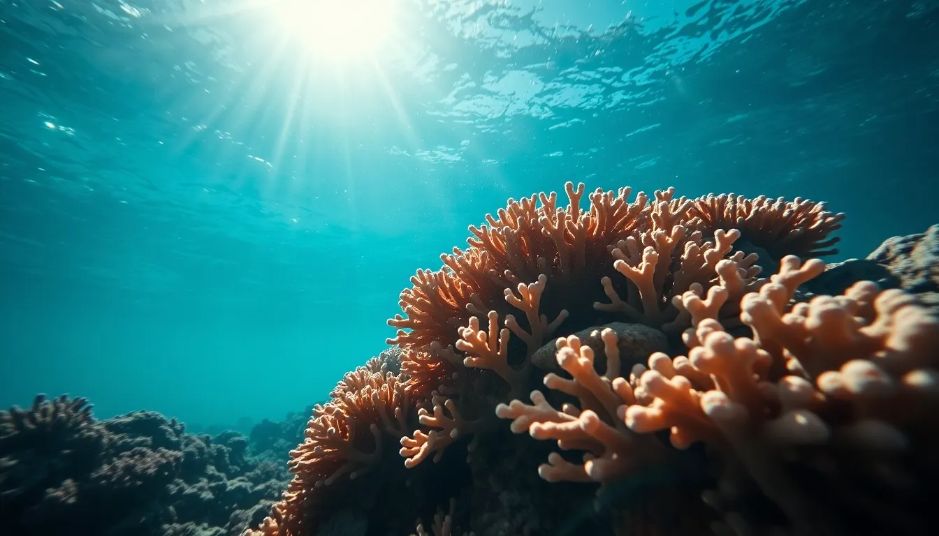 Underwater Coral Reefs in Clear Waters This stunning aerial shot showcases vibrant coral reefs thriving beneath clear turquoise waters. The bright midday sun illuminates the intricate textures of the coral, casting playful shadows that enhance the scene. Using a shallow depth of field, the focus sharpens on the reef detail while the surrounding water blurs into a dreamy background. A Dutch angle adds a sense of dynamic movement, evoking the lively underwater world.