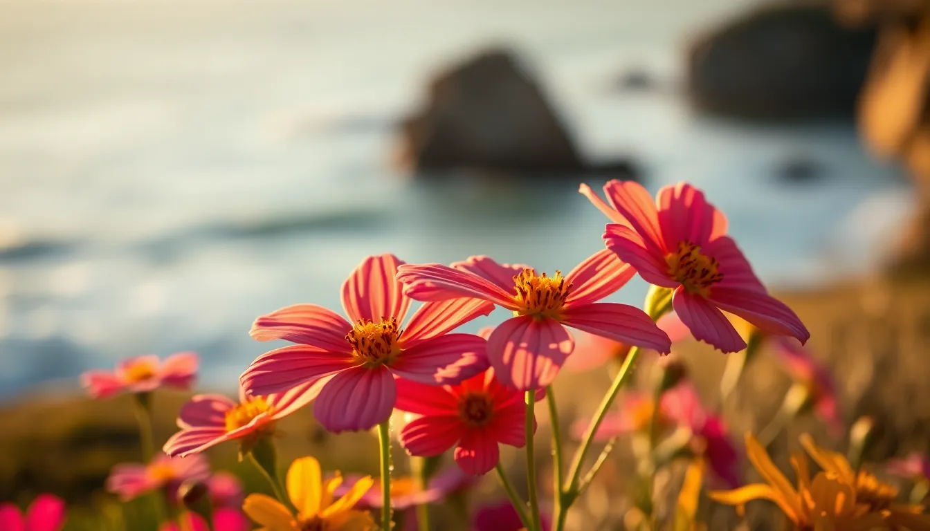 This enchanting image captures wildflowers growing along the coastline during golden hour, with sunlight illuminating their vibrant hues. The soft focus on the flowers contrasts beautifully with the blurred ocean background, enhancing the sense of depth and tranquility. Each delicate petal, adorned with dewdrops, reflects the serene beauty of nature in this coastal habitat.