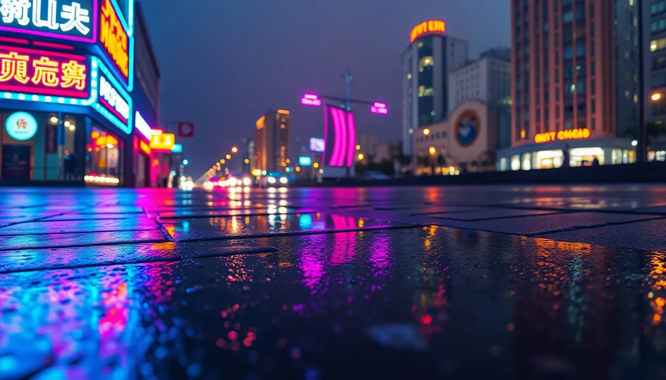 This dynamic aerial shot captures an urban coastline at night, where vibrant neon signs reflect off the wet pavement after rainfall. The cinematic color grading of teal and orange enhances the captivating atmosphere, while the Dutch angle adds a sense of energy to the scene. Sharp detail across the image showcases the reflections and textures of the puddles, inviting viewers to explore the interplay between city life and nature.