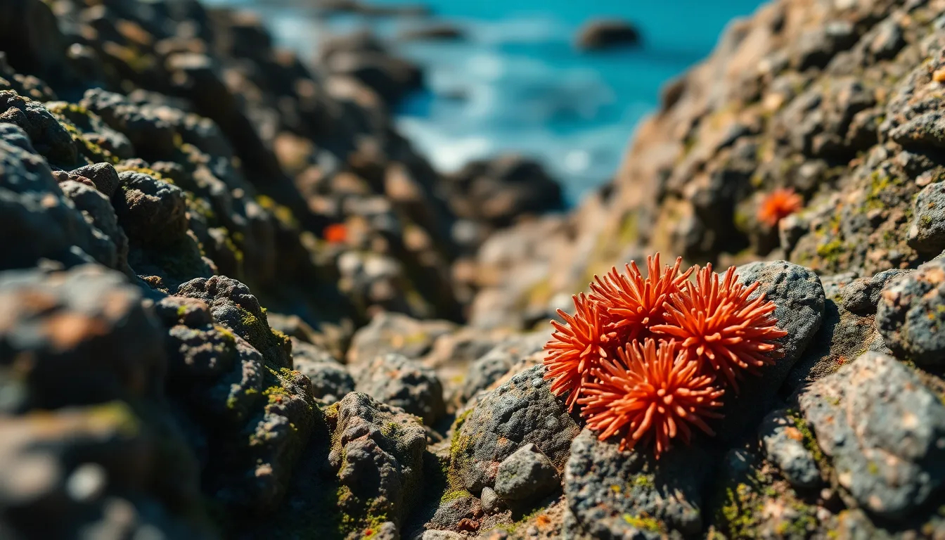 This stunning macro aerial shot showcases the vibrant textures and colors of a rocky coastline under bright midday sunlight. Colorful sea anemones stand out against the rocks, drawing attention to the intricate details of marine life. With a shallow depth of field, the focus enhances the vivid hues, while a diagonal composition leads the viewer's gaze toward the clear blue sea. This image beautifully captures the dynamic ecosystem of coastal waters.