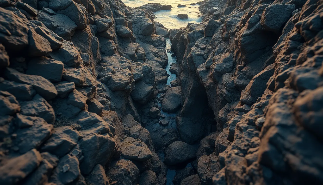 This captivating aerial image focuses on the rugged rock formations along a dramatic coastline, with intricate textures and patterns highlighted by warm tungsten lighting. The Dutch angle composition creates a sense of movement, emphasizing the steep drop-offs and hidden coves that await exploration. The natural muted tones of the rocks, combined with the detailed textures of lichens and barnacles, evoke a raw beauty inherent in coastal landscapes.