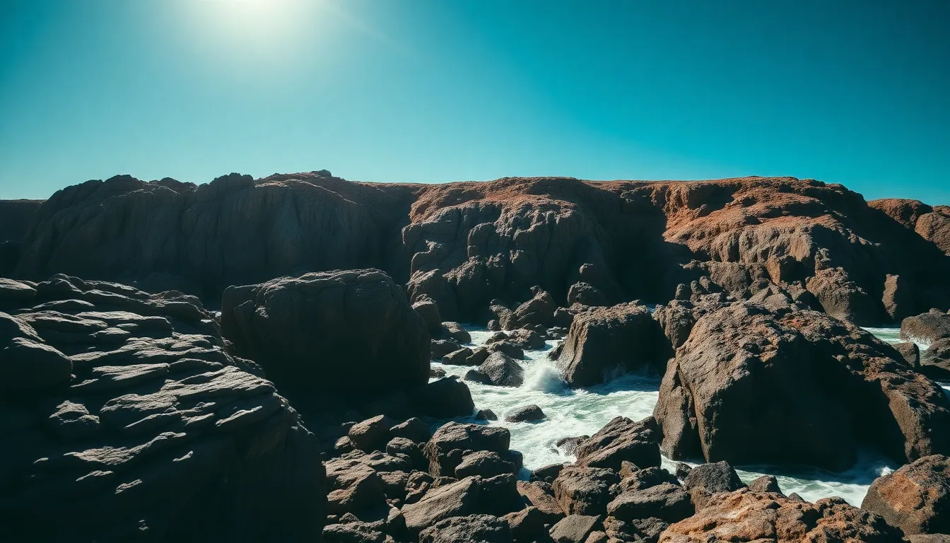 Dramatic Rocky Outcrop Under Bright Midday Sun
