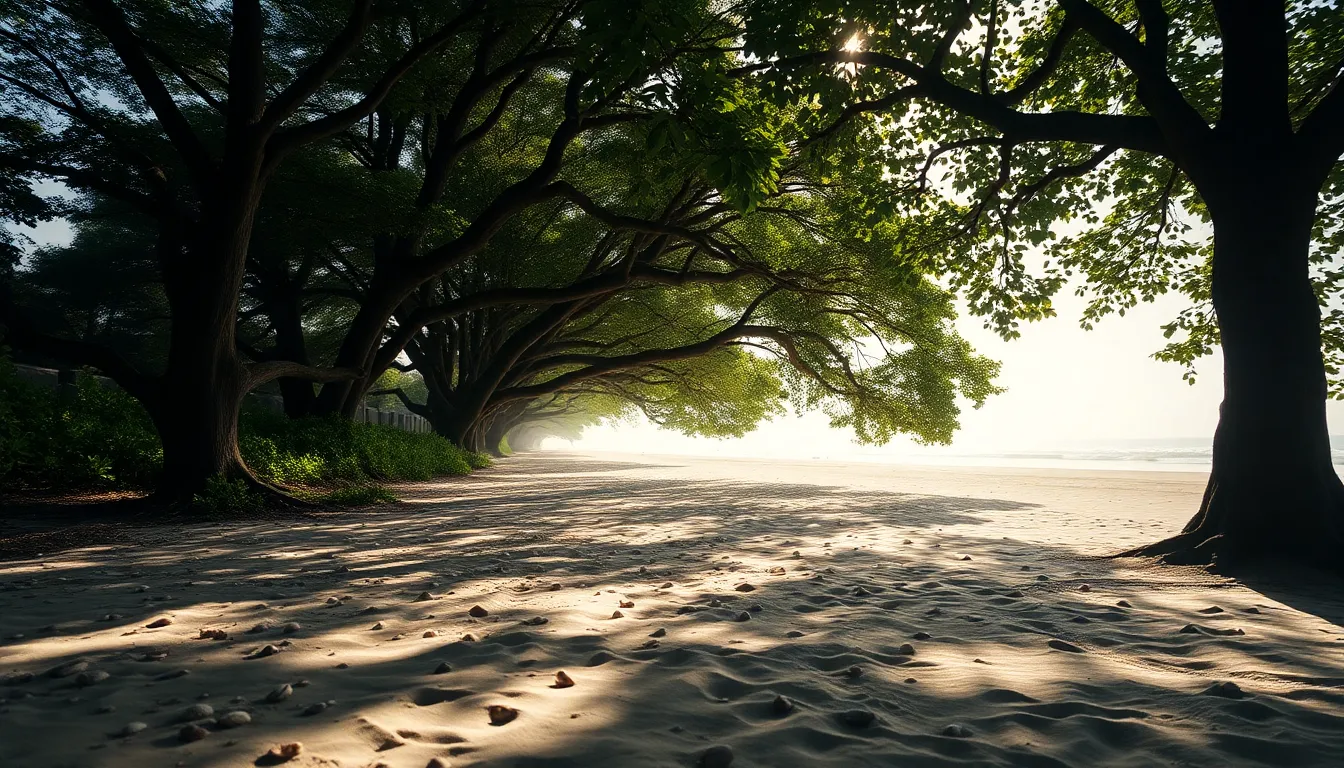 In this serene coastal scene, dappled sunlight filters through the tree canopy, casting soft, patchy light on the sandy beach. The leading lines of the path draw the viewer’s eye towards the tranquil shoreline. With muted natural tones evoking a sense of calm, the image captures the delicate textures of the sand and the scattered seashells, inviting viewers to imagine a peaceful morning walk.