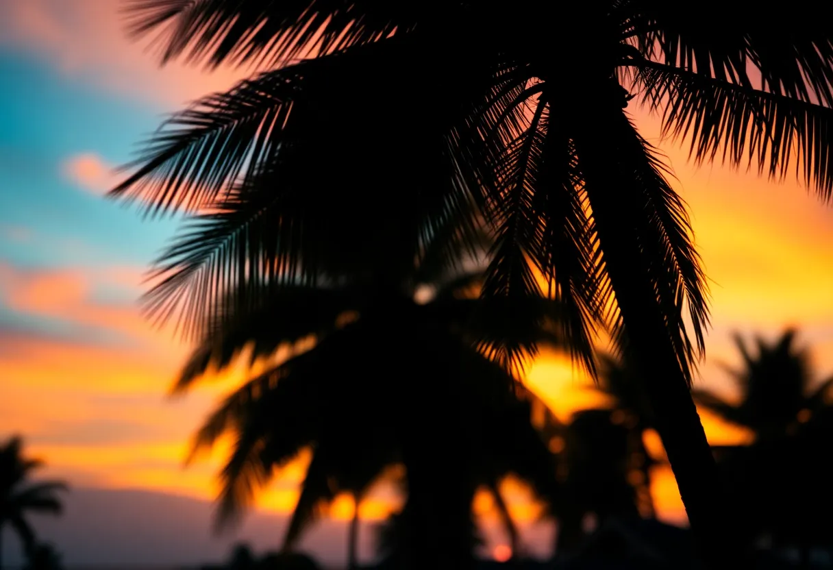 Tropical Coastline Silhouetted Against a Vibrant Sunset