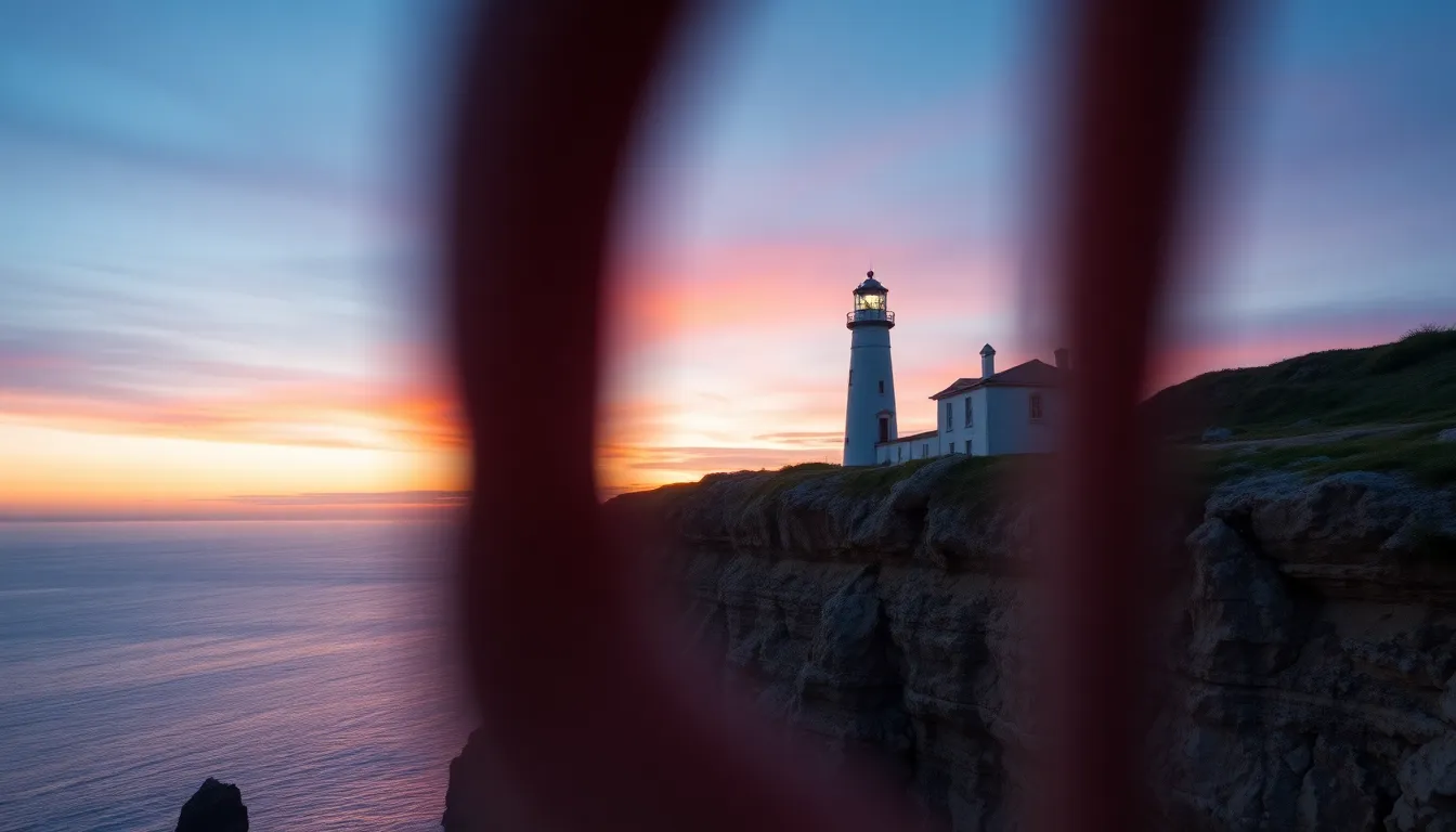 This captivating aerial shot captures a solitary lighthouse perched on the edge of a cliff, bathed in a warm twilight glow. Soft pink and lavender hues fill the sky, enhancing the tranquil mood of the scene. The composition includes foreground framing through the cliff's edge, emphasizing depth and isolation. Detailed textures of the lighthouse's weathered paint and the shimmering water below invite the viewer into this serene coastal moment.