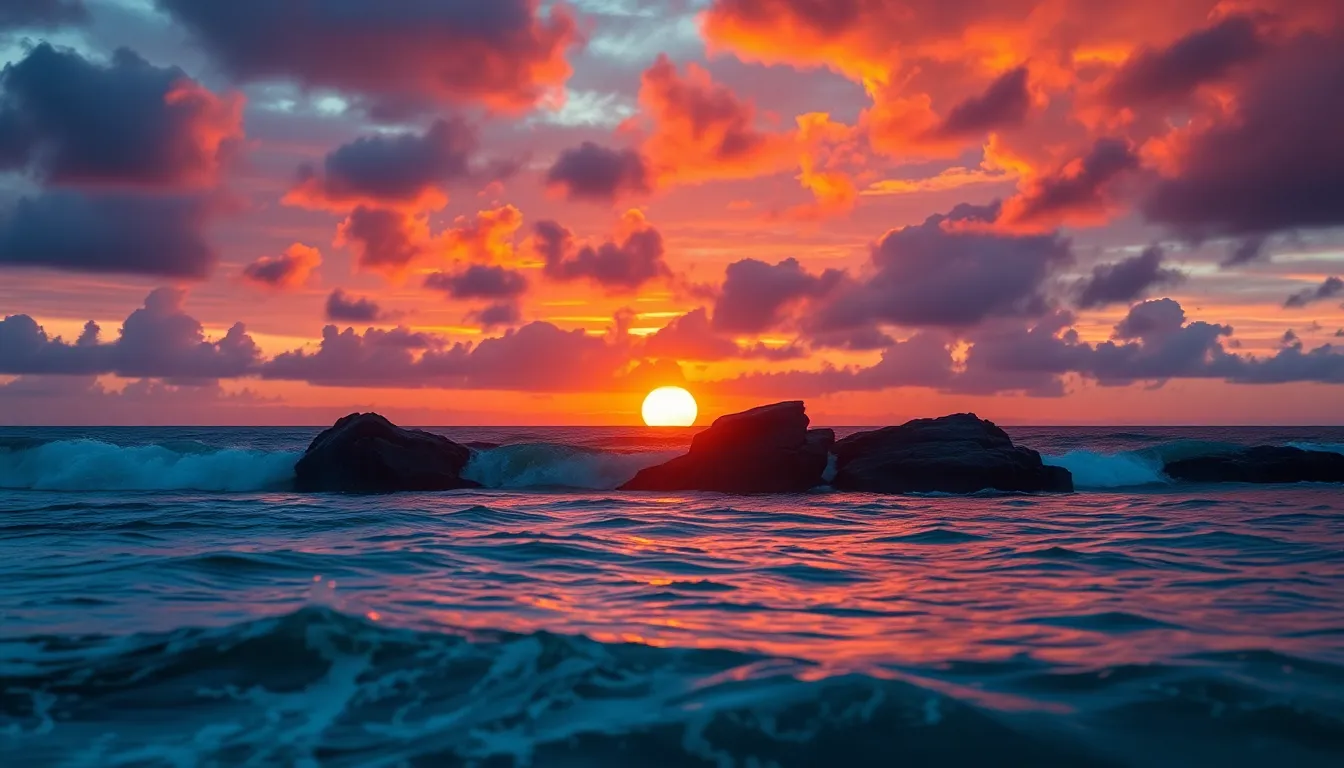 This breathtaking aerial view captures a dramatic sunset, with fiery orange and deep purple clouds illuminating the ocean's surface. The composition is centered and symmetrical, featuring the sun dipping below the horizon flanked by rocky outcrops. The intricate patterns of the waves are highlighted in sharp focus with a shallow depth of field, while a cinematic teal and orange color grading enhances the scene's dramatic allure. This image is perfect for showcasing the beauty of coastal sunsets.
