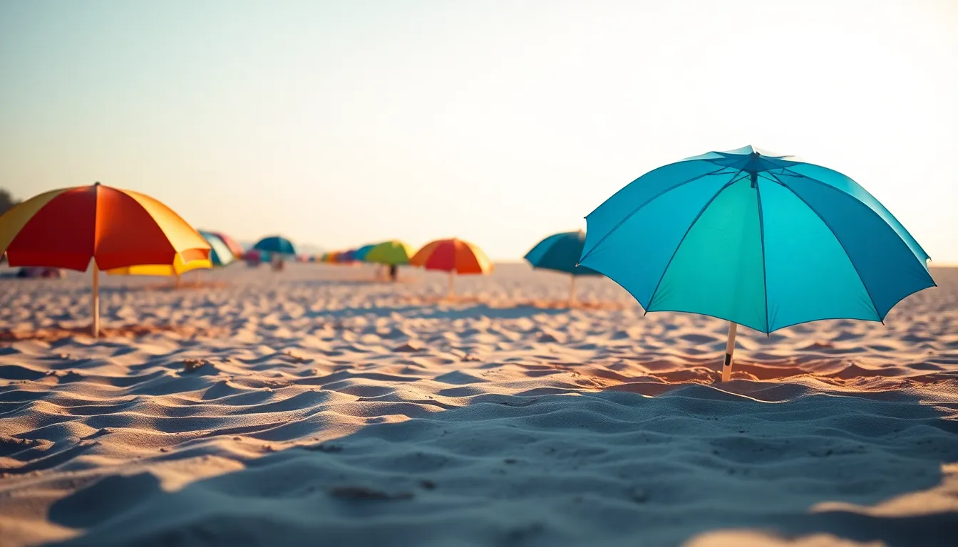 Serene Morning at the Beach with Colorful Umbrellas