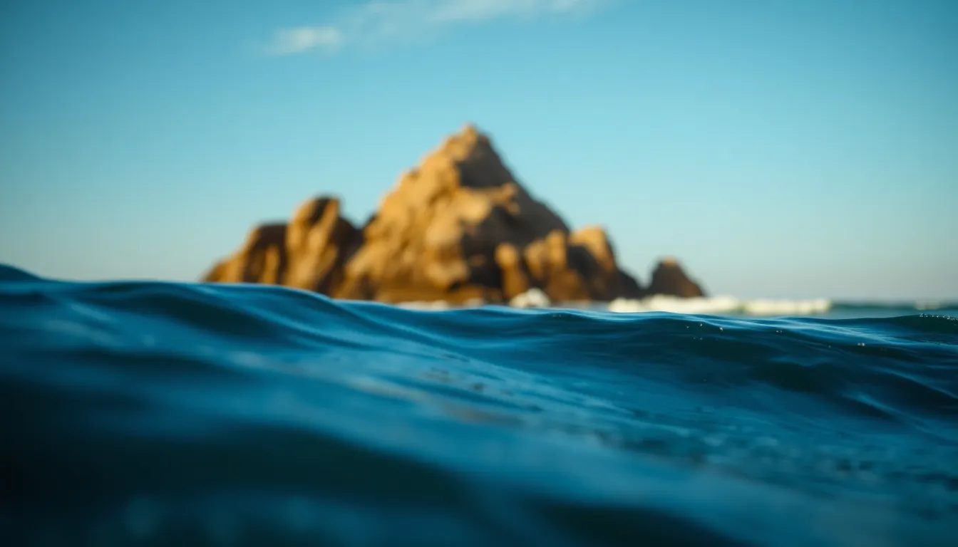 This breathtaking aerial view captures the vibrant interplay of ocean waves against a striking rocky outcrop. The use of selective focus emphasizes the ripples and textures of the water, while the rich colors bring the scene to life. Positioned according to the rule of thirds, the composition showcases the natural beauty and drama of the coastline, inviting viewers to immerse themselves in the tranquil seascape.