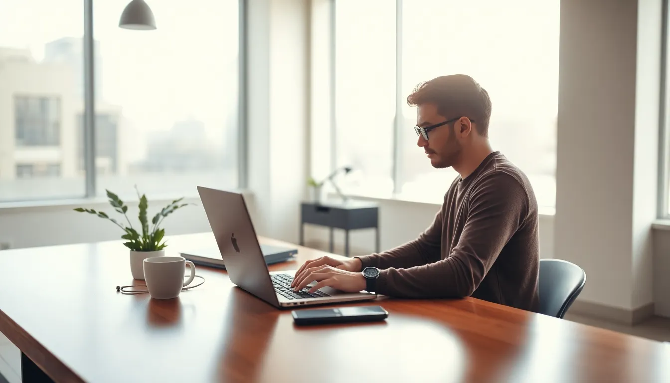 Focused Programmer in Minimalistic Office This photorealistic image showcases a programmer deep in thought, working on a laptop in a bright, minimalistic office. Natural daylight streams in through large windows, illuminating the polished wood desk and creating a serene environment. With soft shadows and a blurred background, the image captures a moment of focus and creativity. The addition of personal items like a coffee mug and a plant adds depth to the setting.
