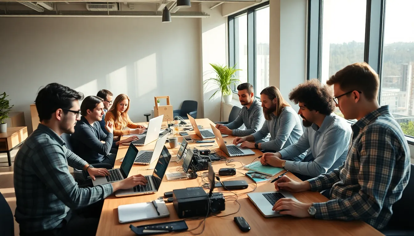 Diverse Development Team Collaborating This vibrant image showcases a diverse group of developers engaged in collaborative work, surrounded by laptops and innovative tech gadgets. Natural light floods the workspace, creating an inviting atmosphere where ideas flow freely. With everyone in sharp focus, the image beautifully represents teamwork and diversity in technology, perfect for highlighting the importance of collaboration in coding and programming.