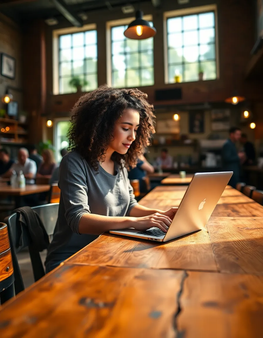 Young Woman Coding in a Cozy Café