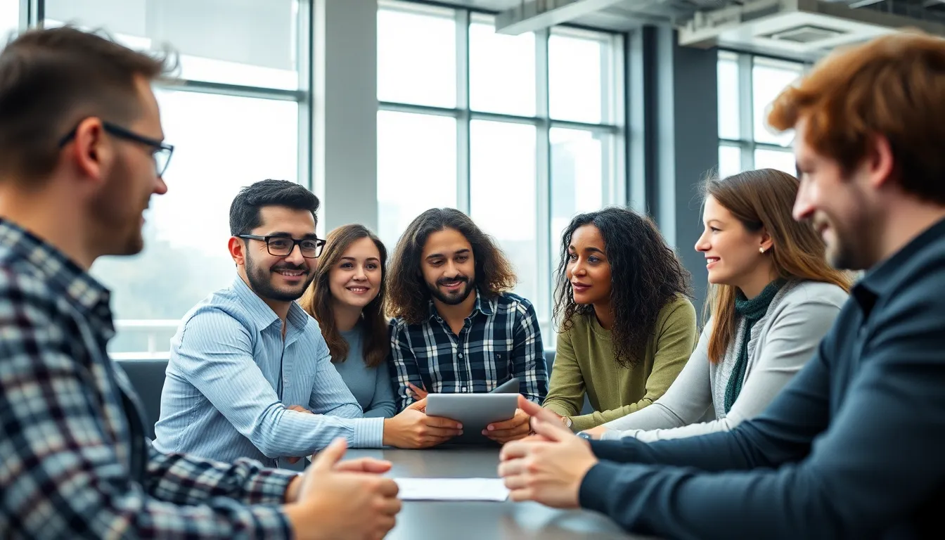 Diverse Developers in Collaborative Brainstorming Session This dynamic image captures a diverse group of software developers engaged in an animated brainstorming session in a well-lit tech hub. The overcast daylight creates an inviting atmosphere, highlighting their varied expressions and collaborative spirit. Each person wears different styles, showcasing individuality while fostering a sense of teamwork. The sharp details and natural color palette enhance the professionalism of the scene, making it an inspiring representation of the technology industry.