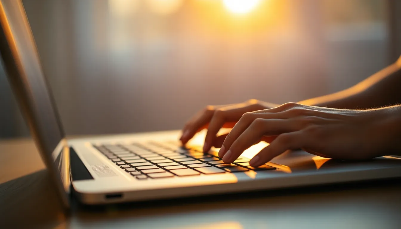 Close-up of Hands Typing on Laptop A close-up shot of a pair of hands gracefully typing on a sleek laptop keyboard as the golden hour sun casts soft backlighting, creating an ethereal glow around the hands. The gentle highlights enhance the natural muted tones, while the laptop's leading lines draw the viewer's eye directly to the fingers in action. The image captures the tactile textures of the laptop and skin, emphasizing the art of coding.