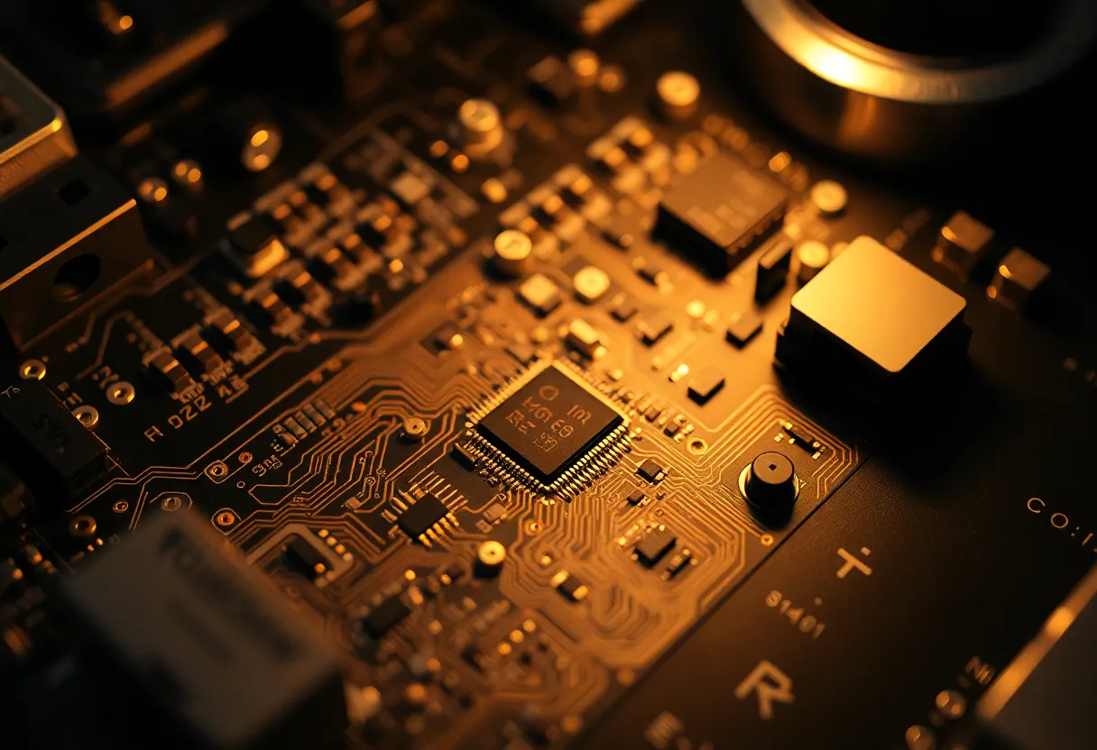 This highly detailed image showcases a close-up of a printed circuit board, revealing intricate designs and golden soldering connections. Illuminated by warm tungsten lighting, the circuit board's textures and forms become strikingly apparent, enhanced by strong shadows. An extreme depth of field captures the complexity of the circuitry in stunning clarity against a dark matte surface, highlighting the metallic hues of copper and gold in rich detail.