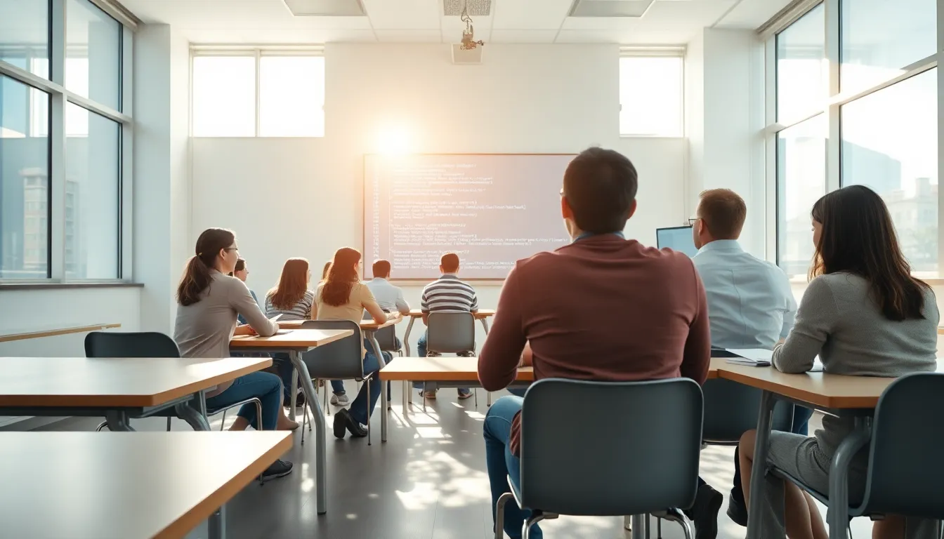 This striking image captures a collaborative coding workshop in a bright, modern classroom. A group of learners engages attentively around a large screen showcasing programming languages, illuminated by warm sunlight filtering through expansive windows. The use of hyperfocal distance brings both the foreground participants and the screen into sharp focus, while the muted pastel colors create a professional and inviting atmosphere, perfect for an educational setting.