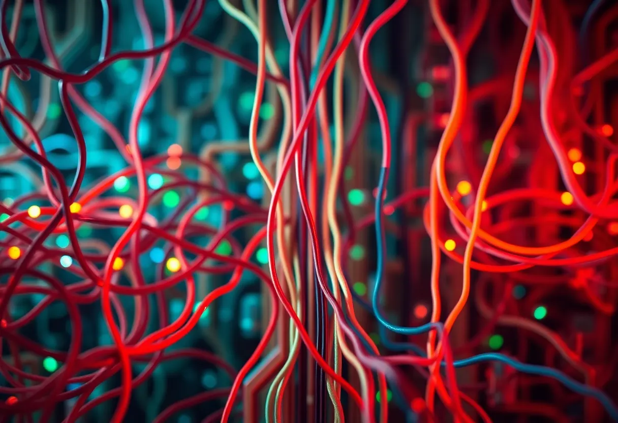 Abstract Circuit Boards and Wires Representing Coding This abstract image showcases an intricate arrangement of colorful circuit boards and wires, symbolizing the complexity of coding. Illuminated by practical neon lights, the vibrant colors create a captivating visual experience. With selective focus on the detailed circuit patterns, the background fades into soft bokeh, allowing the subject to pop. The cinematic color grading adds depth and intrigue, making this image a bold representation of technology.