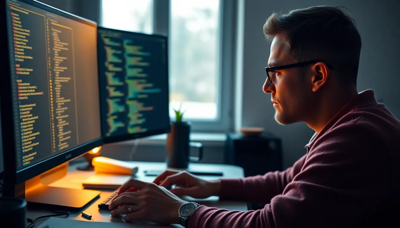 Focused Coder at Work in Warm Light A photographer captures a dedicated coder deeply engrossed in their work, surrounded by dual monitors. The soft, natural light from a window bathes the scene, highlighting the cozy workspace filled with notes and a coffee cup. The composition showcases the coder's intense focus while emphasizing the inviting textures and warm colors of the environment. This image perfectly encapsulates the essence of modern programming in a tranquil setting.