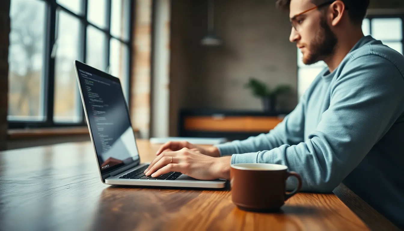 Focused Programmer Typing on Laptop