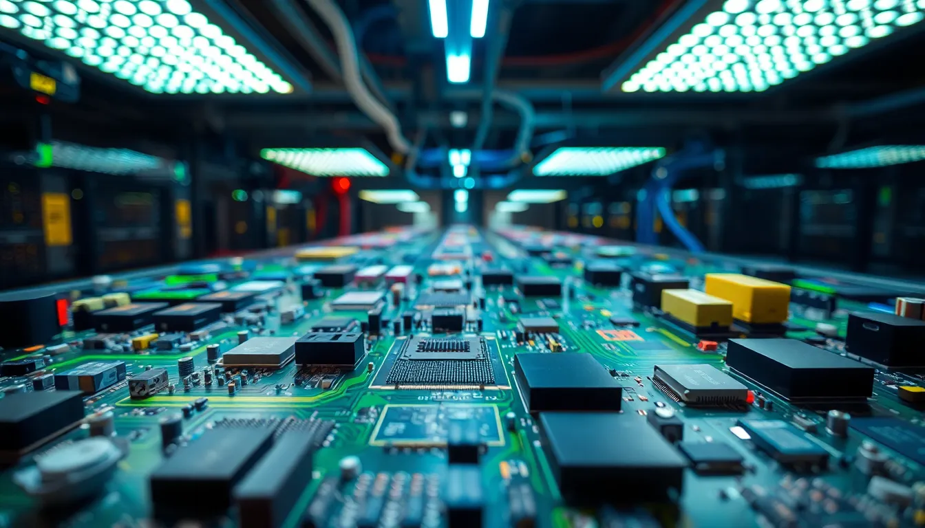 Close-Up of Circuit Boards in Server Room A striking close-up of colorful circuit boards displaying the intricate details of technology inside a high-tech server room. Soft LED lighting enhances the vibrant greens and blues of the circuitry, creating a modern industrial feel. The image captures the complexity of coding hardware, presenting a detailed focus that reveals the precision of technology at work. This visual representation emphasizes the beauty found within the machinery that powers programming.