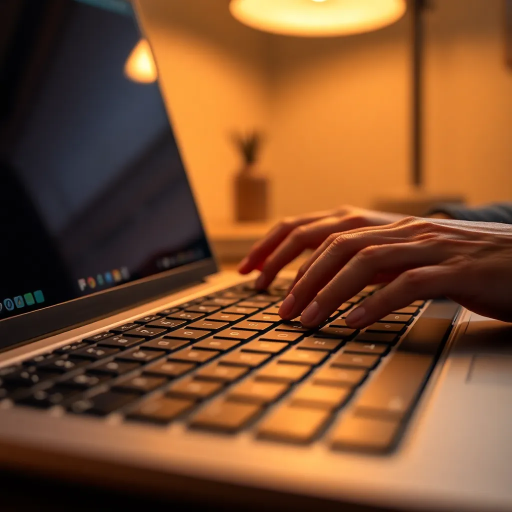 Close-Up of Productive Typing on Laptop This intimate close-up image highlights the intricate details of a laptop keyboard as hands type away, symbolizing productivity in the digital age. Warm tungsten lighting creates a cozy ambiance, enhancing the rich textures and tones of the scene. The focus on the keys and fingers evokes an inviting atmosphere, perfect for illustrating the essence of coding and programming.